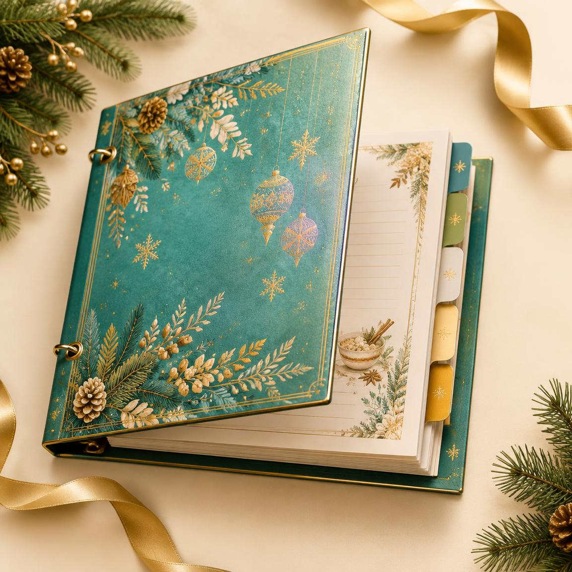 Weihnachts-Rezeptordner mit Motiv-Cover, Rezeptseiten und Register